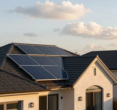 A bright, wide shot of a modern suburban home with sleek solar panels on the roof under a clear soft cloud white sky, warm harvest gold sunlight reflecting off the glass.