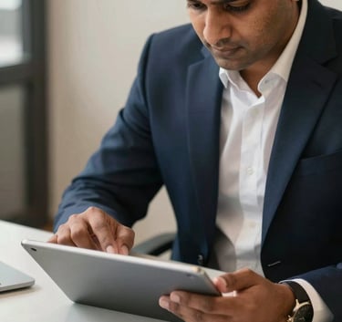Detailed photography of a South Asian professional reviewing financial documents on a sleek tablet, warm lighting, interior office setting with deep navy and off-white textures.