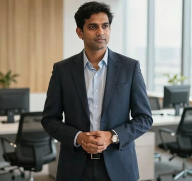 A professional South Asian business consultant in a high-tech modern office in Mumbai, natural daylight, soft gold and off-white accents, sophisticated and professional composition.