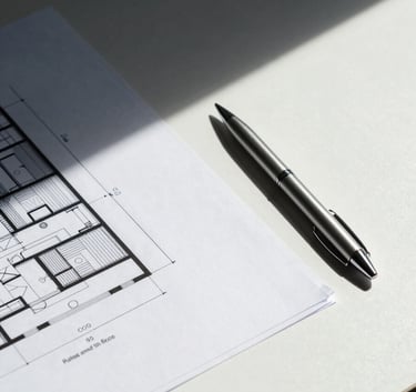 An architectural blueprint laying on a clean white desk next to a modern silver pen, with Deep Charcoal Blue shadows casting a professional, minimalist atmosphere.