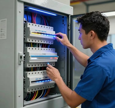 A professional electrician in a modern utility room in the North American / US, checking a sleek electrical panel with vibrant electric blue and dark navy lighting.