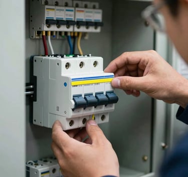 Dynamic close-up shot of a technician adjusting a modern circuit breaker in a North American / US residential electrical panel, sharp focus with neon yellow accents.