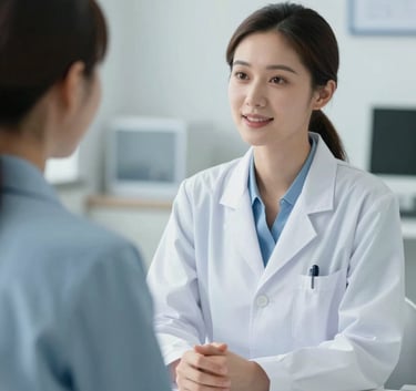 An empathetic female physician in a white lab coat talking kindly with a patient in a bright, modern consultation room. The scene is warm and trustworthy, with a color palette of #F2F6F8, #B4D4DF, and #427B9B.