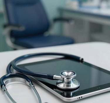 A close-up of a premium medical consultation desk with a stethoscope and a digital tablet, set against a blurred background of a modern hospital in dark navy blue and teal tones.