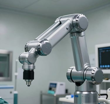 A high-tech robotic surgery arm in a sterile operating room, sophisticated lighting, metallic steel gray surfaces, reflecting a premium medical standard.