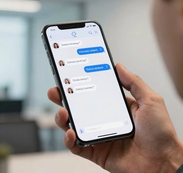 A close-up of a high-tech smartphone in a Latin American professional's hand, displaying a clean business messaging interface. Soft-focus background of a modern office in shades of blue and off-white.
