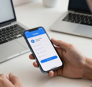 A professional desk setup in a modern Latin American workspace with a smartphone showing automated customer service notifications. The lighting is bright and efficient, using blue and off-white tones.