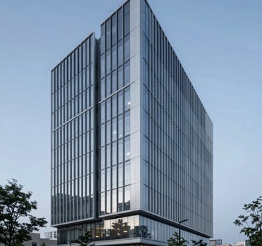 Wide shot of a modern, eco-friendly corporate headquarters with glass walls and minimalist architecture. The sky is a clear twilight blue. The image evokes reliability and premium quality with clean #F5F5F5 surfaces and sharp #1C1C1C shadows.