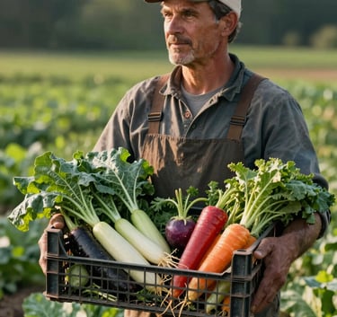 A local farmer in a North American setting holding a crate of vibrant heirloom vegetables, natural morning sunlight, matte forest green fields in the background.