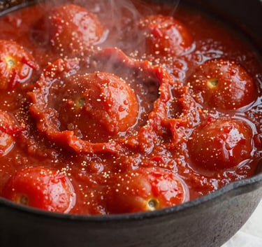 Close-up photography of a rustic tomato sauce simmering in a cast-iron pot, steam rising, deep ripe crimson tones, on a crisp parchment surface, North American kitchen setting.