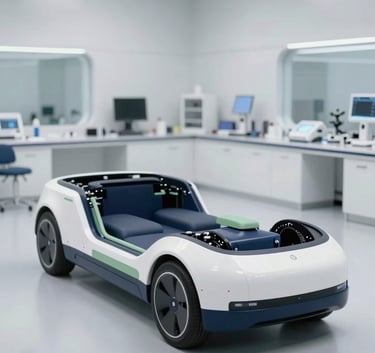 A wide-angle shot of a sleek, minimalist autonomous vehicle chassis in a high-tech white laboratory, soft natural light, navy blue and dry sage green accents, South Asian / Indian engineering facility.