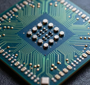 A detailed macro photograph of a high-performance computer processor with intricate circuitry illuminated by dry sage green and navy blue lighting, high-end technical aesthetic.