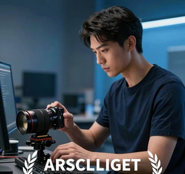 A professional developer in a modern studio environment, focusing on a task with sophisticated lighting and a palette of dark navy and steel blue.