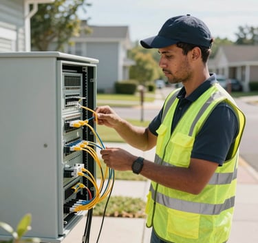 A professional network technician in a high-visibility vest working on a fiber optic terminal box in a suburban North American neighborhood, bright daylight, professional and trustworthy atmosphere.