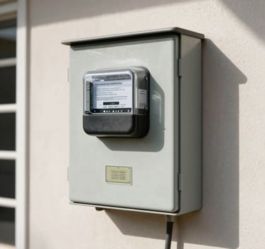 A professional shot of a standard electrical meter box (Padrão de Entrada) on the exterior wall of a South American / Brazilian home, sunny day, sharp focus on technical details.