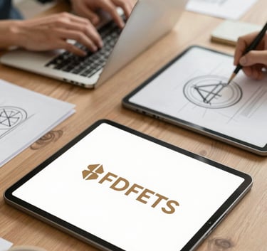 A creative brainstorming session featuring digital tablets, sketches of logos, and professional marketing tools. The palette is dominated by #FDF8ED and #D27E3B, creating a warm, energetic atmosphere of professional creation.