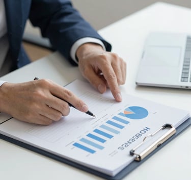 Professional hands reviewing a financial report on a minimalist desk. The scene is bright and clean, incorporating the brand's professional mood and #A2B9B8 color tones.