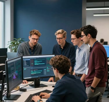 A team of software engineers collaborating in an open-plan office in Eastern Europe. They are gathered around a digital display, with steel blue and dark navy decor elements in a minimalist, modern setting.