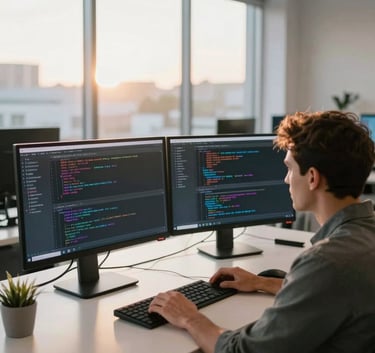 A wide-angle shot of a bright, contemporary North American tech workspace. A professional software engineer works on a dual-monitor setup showing lines of code, with a warm morning light coming through large windows.
