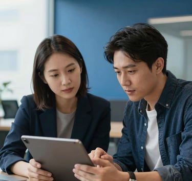 Two technology professionals in a modern North American office collaborating over a tablet device, discussing a new application concept. The setting is bright and professional with a deep blue accent wall.