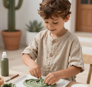 A joyful child in a stylish linen outfit engaged in a creative slime workshop in a Mediterranean setting, surrounded by premium aesthetic materials in muted olive and soft terracotta colors.