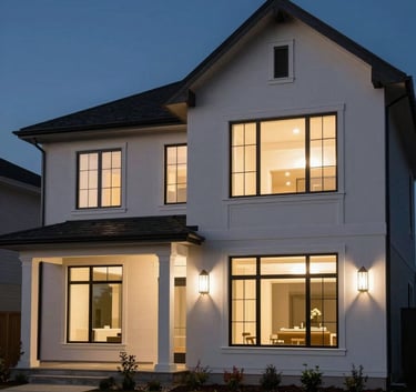 A high-end, modern North American / US home exterior at twilight, featuring large windows with warm Cloud White interior lighting and clean architectural lines against a Dark Midnight sky.
