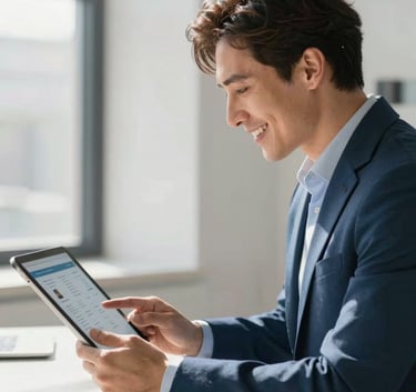 A professional real estate agent in North American / US business attire, smiling while looking at a tablet showing a clean, high-tech interface in a sunlit Steel Blue and Cloud White office.