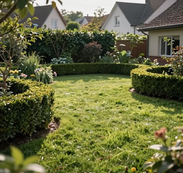 Photography of a pristine garden with a bright green lawn and shaped hedges in a German suburban backyard during a clear morning, soft natural light.