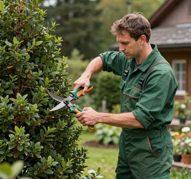 Photography of a professional gardener in forest green workwear using high-quality shears to prune a large shrub in a Central European residential setting.
