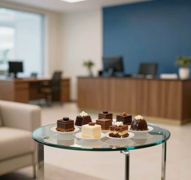 A modern South American office lobby with a small, elegant display of Brazilian sweets on a glass side table. Professional atmosphere with a touch of warmth, featuring soft cream and medium blue colors in the decor.