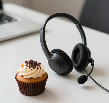 A close-up shot of a modern call center headset resting next to a gourmet cupcake with chocolate shavings on a clean white table. Soft natural light, Brazilian setting, focusing on the blend of technology and confectionery.