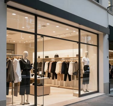 A high-end retail store environment in a South American metropolis, showing clean architectural lines and a focus on product presentation. The lighting is crisp and the style is modern.