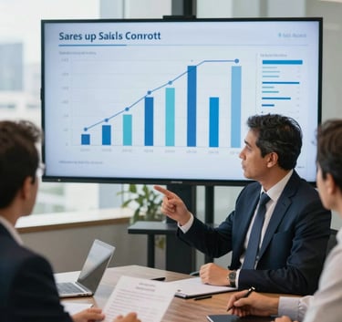 A professional business meeting in a bright, modern office in São Paulo, Brazil. Two experts are discussing sales performance data on a large screen. The atmosphere is sophisticated and collaborative, with soft lighting and professional attire.