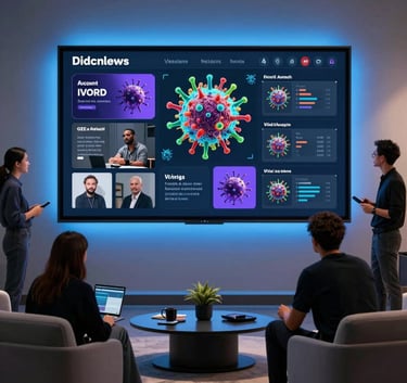 A professional North American studio setting where a team is reviewing viral content performance on a large screen with glowing indigo accents and sleek minimalist furniture.