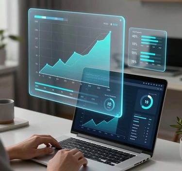 A person in a sleek, modern home office in North America, using a high-end laptop. Floating translucent digital panels show follower growth graphs and engagement statistics in cyan and alice blue light.