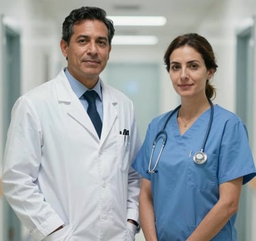 A Latin American male doctor in a clean white coat and a female anesthesiologist in medical blue scrubs, standing professionally in a minimal, high-tech hospital corridor.