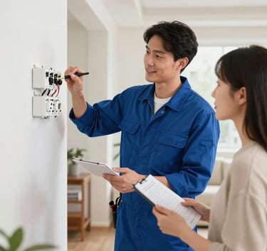 A friendly electrician in a professional uniform explaining a service plan to a homeowner in a well-lit North American home, clean and modern aesthetic, focus on trust and reliability.