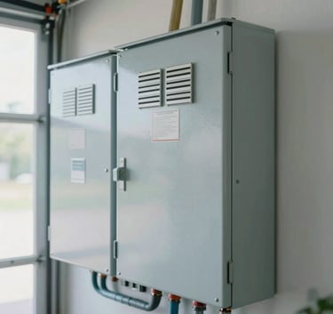 A detailed close-up of a professionally organized and clean residential electrical panel in a bright North American garage, soft blue and gray tones, safe and modern style.