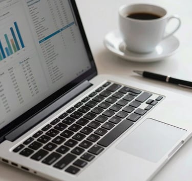 A close-up of a high-end laptop on a pure white desk showing blurred analytics data, with a cup of coffee and deep black stationery in a modern North American / US corporate setting.
