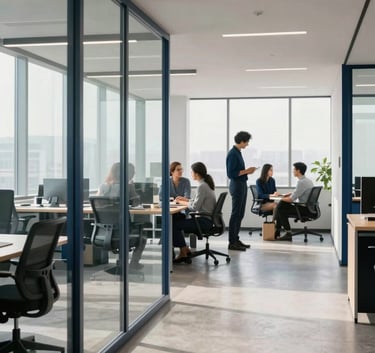 A wide shot of a clean, minimalist North American / US office with glass walls, soft morning light, professional navy blue accents, and a focused marketing team collaborating in the background.