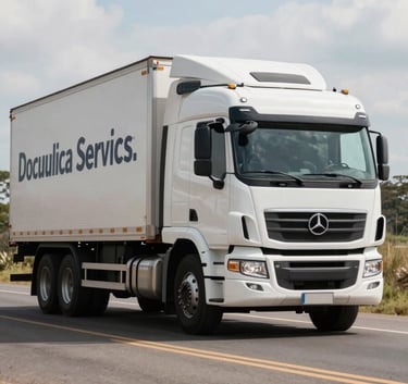 A modern white semi-truck parked on a well-maintained road in South America under a bright sky, symbolizing heavy vehicle documentation services.