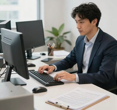 A bright and organized professional office in Brazil, featuring a clean desk with modern equipment and documents, representing a reliable vehicle dispatch service.