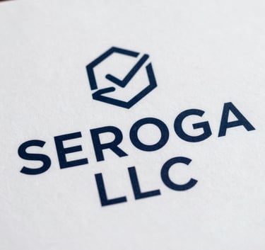 A sophisticated logo for 'SEROGA LLC' using a clear, legible, and professional typeface in dark navy. The design includes a minimalist geometric icon representing innovation and growth, suitable for a high-end marketing consultancy in a North American / US market, set against a clean white background.