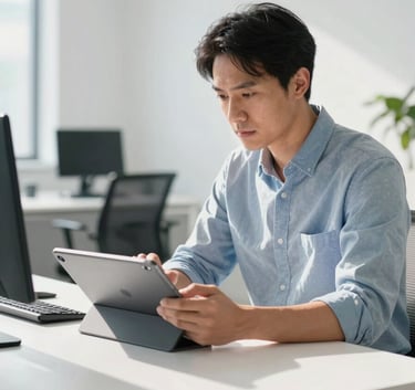 A professional marketing strategist reviewing digital campaign analytics on a sleek tablet in a sunlit, modern North American / US office space. The scene features a palette of white and soft blue with clean lines and a focused, authoritative mood.