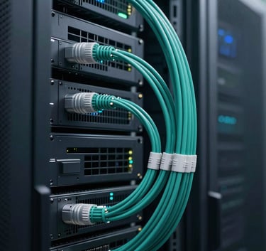 A high-end modern server room with glowing fiber optic cables in Muted Forest Teal and Deep Charcoal Navy, emphasizing speed and cutting-edge technology.