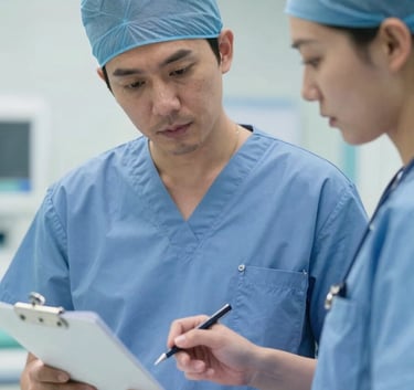 A close-up shot of two healthcare professionals in scrubs reviewing a medical chart together in a high-tech London hospital, professional and focused mood, bright alice blue and medium blue tones.