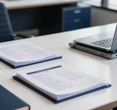 A high-end professional office setting in Texas, a modern desk with organized documents, soft white lighting, deep navy blue accents.