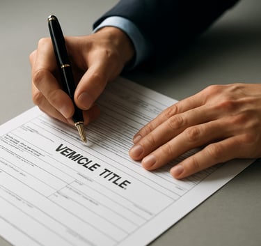 Close up of professional hands signing official vehicle title documents on a clean soft gray desk with bright lighting.