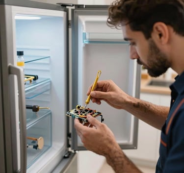 A close up of a skilled technician repairing a high-end refrigerator in a bright contemporary Middle Eastern / Gulf kitchen, sharp focus on tools and hands, gold and dark blue tones in the environment.