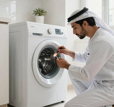 Professional appliance repair scene in a well-lit Sharjah home, featuring a modern washing machine being serviced by an expert, Middle Eastern / Gulf architecture and interior design, professional atmosphere.